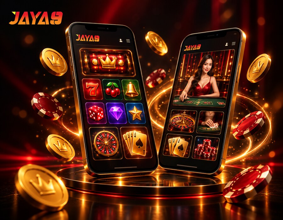 JAYA9 Android app running the casino lobby on two phones